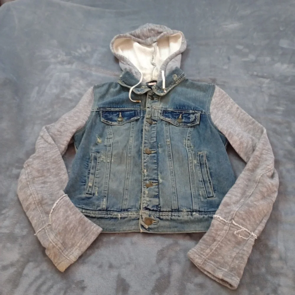 Free People Denim Jacket Women's Small Hooded Trucker Knit Hybrid Distressed - Picture 1 of 16
